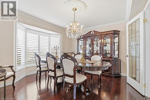 Dining room with dark wood-type flooring, suspended lighting, and ornamental molding - 54 Woodcrest Court, Kitchener, ON - Indoor Photo Showing Dining Room