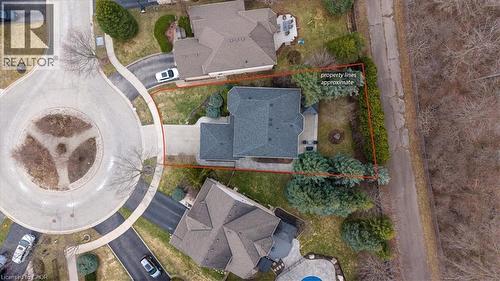 Aerial view of property and surrounding area featuring property parcel outlined - 54 Woodcrest Court, Kitchener, ON - Outdoor With View