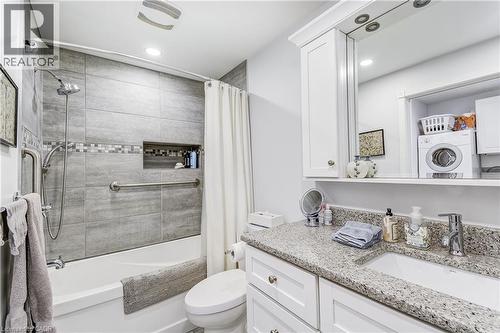 Full bathroom featuring vanity, washer / clothes dryer, shower / tub combo with curtain, and recessed lighting - 315 Aberdeen Avenue, Hamilton, ON - Indoor Photo Showing Bathroom