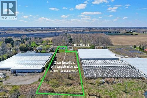 Aerial overview of property's location with property parcel outlined - 2474 Highway 24, Simcoe, ON 