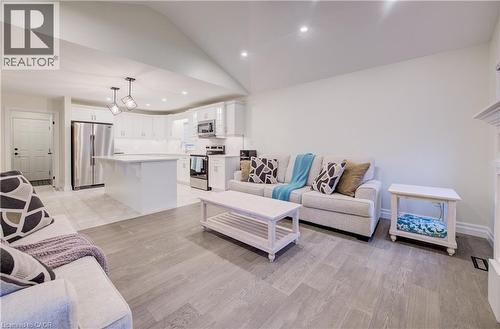 Cathedral Ceiling and LED Pot Lights - 4 Livingston Drive, Tillsonburg, ON - Indoor Photo Showing Living Room