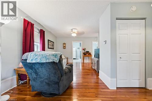 Living area featuring hardwood floors, light blue walls, and a window with blinds and red curtains - 28 Davidson Street, Cambridge, ON - Indoor