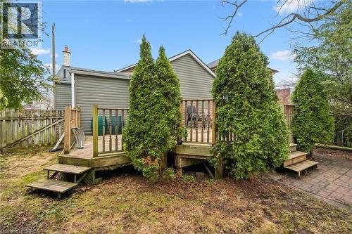 The property features a wood deck with railings and steps, surrounded by mature evergreen trees - 28 Davidson Street, Cambridge, ON - Outdoor