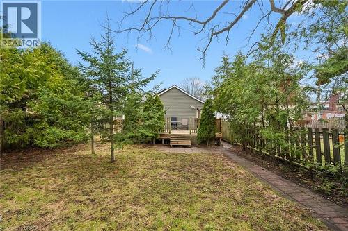 The property features a spacious yard with a lawn, mature evergreen trees, and a wooden deck - 28 Davidson Street, Cambridge, ON - Outdoor
