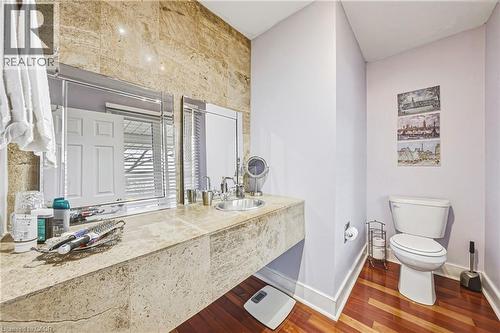 Bathroom with vanity and dark wood finished floors - 24 Hildegard Drive, Hamilton, ON - Indoor Photo Showing Bathroom