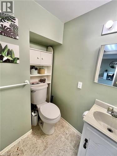Bathroom featuring a vanity with a mirror, a toilet, and a wall-mounted shelving unit - 241 Thorner Drive, Hamilton, ON - Indoor Photo Showing Bathroom