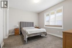 This room features light gray walls, plush gray carpeting, and a large window with blinds allowing for natural light - 