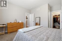 Bedroom featuring light gray walls, plush carpet flooring, a walk-in closet, and a white interior door - 