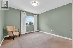 A room with light green walls, a window with white curtains, and a beige carpet - 
