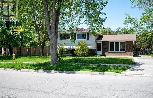 Exterior view of the property featuring a brick and siding facade, a front lawn with mature trees, and a paved driveway - 152 Macgregor Crescent, Waterloo, ON - Outdoor