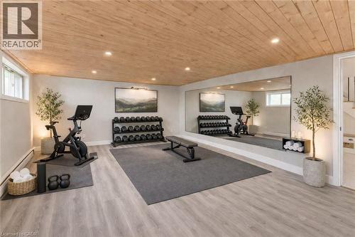 Dedicated fitness area featuring a light-colored wooden ceiling, recessed lighting, and light-toned flooring - 400 Manchester Road, Kitchener, ON - Indoor Photo Showing Gym Room