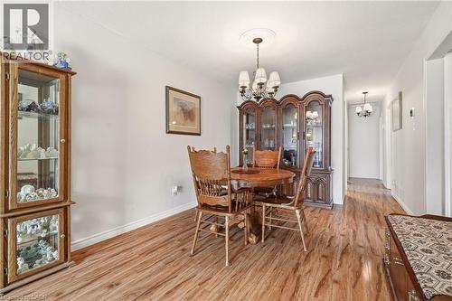 The dining area features light-toned walls, wood-style flooring, and a chandelier with a decorative ceiling medallion - 2349 Middlesmoor Crescent, Burlington, ON - Indoor Photo Showing Dining Room