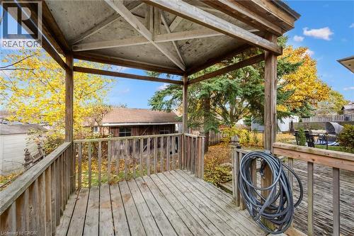 The property features a wooden deck with a gazebo structure, offering an outdoor space - 217 Johanna Drive, Cambridge, ON - Outdoor With Deck Patio Veranda With Exterior