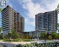 The property features a modern high-rise building with a dark facade, balconies with glass railings, and a landscaped green space with trees and flowering shrubs - 4878 Powers Common Unit# 224, Burlington, ON  - Outdoor With Balcony With Facade 