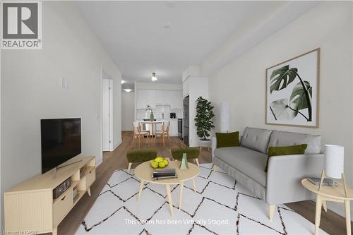 Virtually Stage living room - 385 Winston Road Unit# 1607, Grimsby, ON - Indoor Photo Showing Living Room