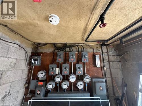 Utility area featuring electrical meters and panels, exposed piping, and a smoke detector - 981 Mohawk Road E, Hamilton, ON - Indoor Photo Showing Garage