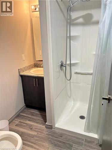 Bathroom featuring a stand-up shower, a vanity with a granite countertop, and wood-look tile flooring - 275 Larch Street Unit# 108, Waterloo, ON - Indoor Photo Showing Bathroom
