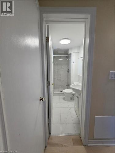 The bathroom features a toilet, a vanity with an integrated sink, and a shower with a glass enclosure - 62 Richwill Road Unit# Lower, Hamilton, ON - Indoor Photo Showing Bathroom