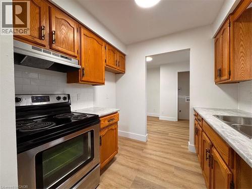 The kitchen features wood cabinetry, a stainless steel range, white subway tile backsplash, and light-colored countertops - 23 Arrowhead Crescent Unit# Upper, Kitchener, ON - Indoor Photo Showing Kitchen With Double Sink
