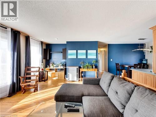 Open-concept living area with wood-finish flooring, a contemporary blue accent wall, and recessed ceiling lighting - 9183 Silver Street, Caistor Centre, ON - Indoor Photo Showing Living Room
