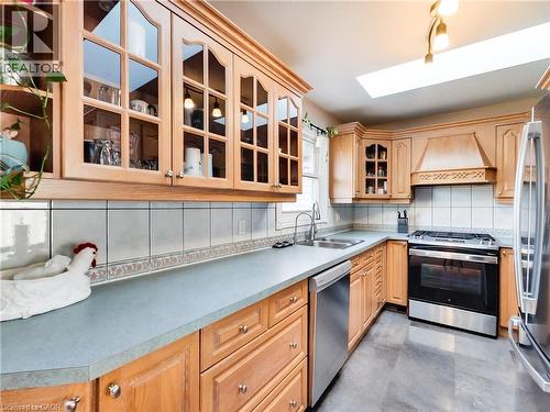 Kitchen featuring natural wood cabinetry, light blue countertops, a tiled backsplash, stainless steel appliances, and a skylight - 9183 Silver Street, Caistor Centre, ON - Indoor Photo Showing Kitchen With Double Sink