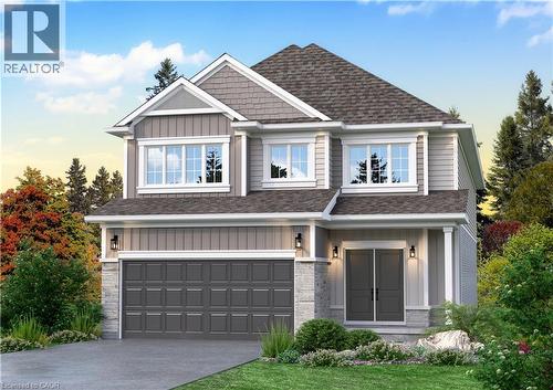 The property features a two-story exterior with grey siding and white trim, a dark grey shingled roof, an integrated garage with a dark grey door, and a front entrance with dark grey double doors - Lot 9 Kellogg Avenue, Hamilton, ON - Outdoor With Facade