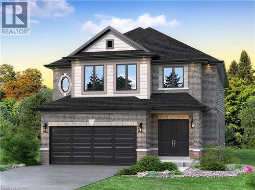 This property features a two-story exterior with grey brick siding, a dark roof, and a two-car garage - Lot 9 Kellogg Avenue, Hamilton, ON - Outdoor With Facade