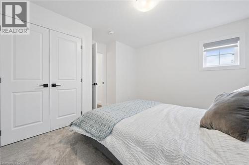 Bedroom featuring plush carpet flooring, a white window frame with a roller shade, white interior doors with black hardware, and an overhead flush-mount light fixture - 213 Fallowfield Drive, Kitchener, ON - Indoor Photo Showing Bedroom