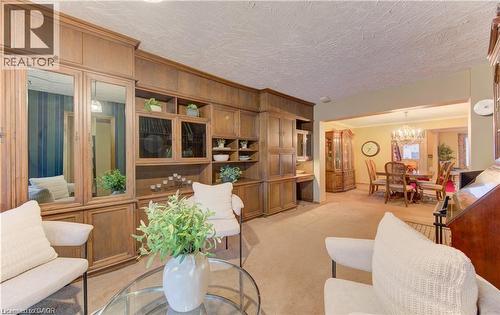 The living area features extensive built-in wooden cabinetry with mirrored panels and glass-fronted display shelves - 48 Dupont Street, Waterloo, ON - Indoor Photo Showing Living Room