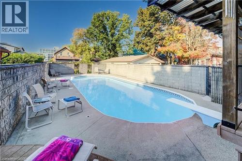 The property features a private swimming pool with a diving board, surrounded by a concrete patio - 48 Dupont Street, Waterloo, ON - Outdoor With In Ground Pool