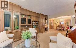 The living area features extensive built-in wooden cabinetry with mirrored panels and glass-fronted display shelves - 