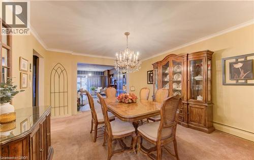 Dining area featuring a chandelier, crown molding, and carpeting - 48 Dupont Street, Waterloo, ON - Indoor Photo Showing Dining Room
