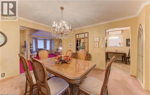 The dining area features a decorative chandelier and carpeted flooring, with a separate space visible through an archway - 48 Dupont Street, Waterloo, ON - Indoor Photo Showing Dining Room
