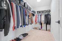 Walk-in closet featuring wire shelving, multiple hanging rods, and light-toned carpeting - 