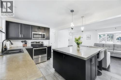 Contemporary kitchen featuring dark cabinetry, stainless steel appliances, and concrete-finish countertops - 18 Tweedsmuir Avenue, London, ON - Indoor Photo Showing Kitchen With Stainless Steel Kitchen With Double Sink With Upgraded Kitchen