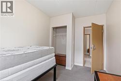 Room featuring light gray carpet flooring, an open closet with built-in shelving, a neutral wall color, and a textured white ceiling - 