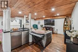 Wood-finish ceiling with recessed lighting - 