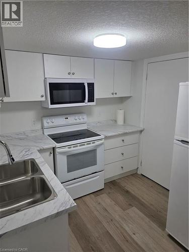 Kitchen featuring white cabinetry, a double basin stainless steel sink with a gooseneck faucet, light-toned countertops with a marble-effect pattern, a white electric range, and wood-finish flooring - 22 Montrose Avenue, Kitchener, ON - Indoor Photo Showing Kitchen With Double Sink