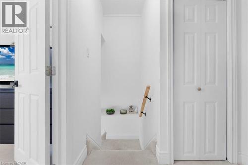 Carpeted staircase with a light wood handrail and white bi-fold closet door - 133 Frederick Avenue, Hamilton, ON - Indoor Photo Showing Other Room