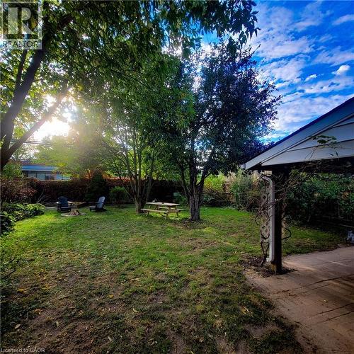 Spacious backyard featuring a manicured lawn, established shade trees, and a concrete patio area with a covered extension - 34 Christopher Drive, Cambridge, ON - Outdoor