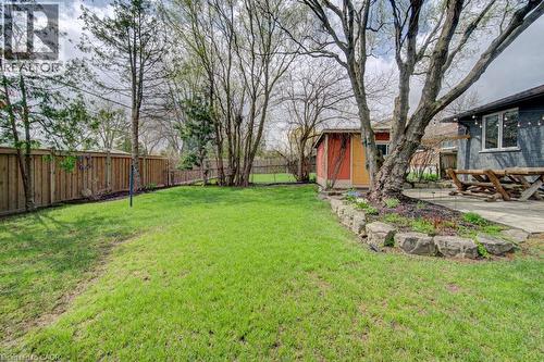 Expansive lawn area featuring a wooden privacy fence, mature trees, a stone-lined garden bed, a brightly colored shed, and a concrete patio - 1486 Augustine Drive, Burlington, ON - Outdoor