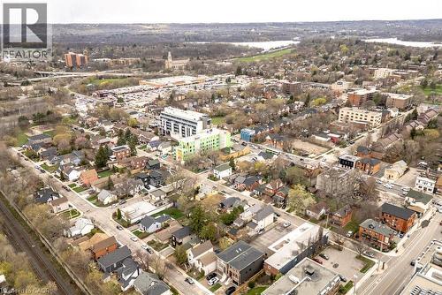 Aerial perspective showcasing a residential neighborhood with diverse housing styles - 128 Canada Street, Hamilton, ON - Outdoor With View