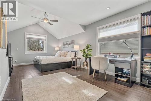Vaulted ceiling bedroom featuring wood-finish flooring and recessed lighting - 2123 Deyncourt Drive, Burlington, ON - Indoor Photo Showing Bedroom