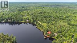Expansive waterfront property featuring a private dock, a single-story residence with a red roof, a paved road, and abundant mature trees - 