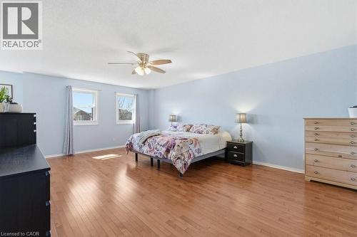 Spacious room featuring wood-finish flooring, light blue wall paint, two windows, and a ceiling fan with integrated lighting - 44 Lorilee Crescent, Kitchener, ON - Indoor Photo Showing Bedroom