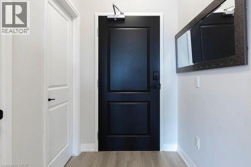 Modern entryway featuring a contrasting black paneled door with a door closer, light wood-finish flooring, and a textured rectangular mirror - 120 Springvalley Crescent Unit# 208, Hamilton, ON - Indoor Photo Showing Other Room