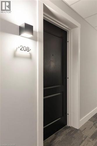 Contemporary entryway featuring a paneled door, modern wall sconce, and textured carpet flooring - 120 Springvalley Crescent Unit# 208, Hamilton, ON - Indoor Photo Showing Other Room