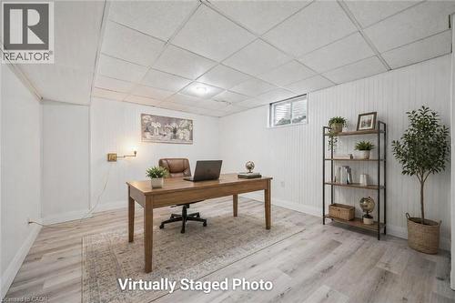 Bright interior space featuring white beadboard walls and a drop ceiling with recessed lighting - 27 Silverspring Crescent, Kitchener, ON - Indoor Photo Showing Office