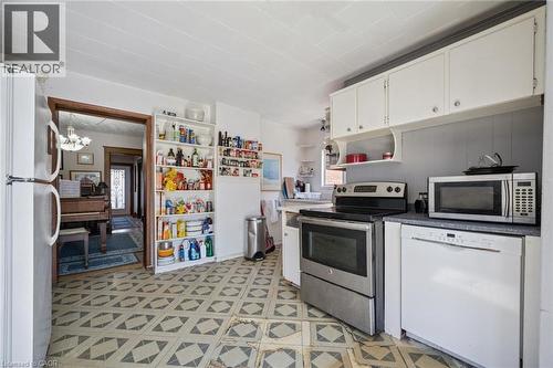 Kitchen featuring patterned flooring, white cabinetry, and a built-in stainless steel range - 115 Allen Street E, Waterloo, ON - Indoor Photo Showing Kitchen
