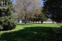 Expansive lawn area featuring mature trees and a distant field - 